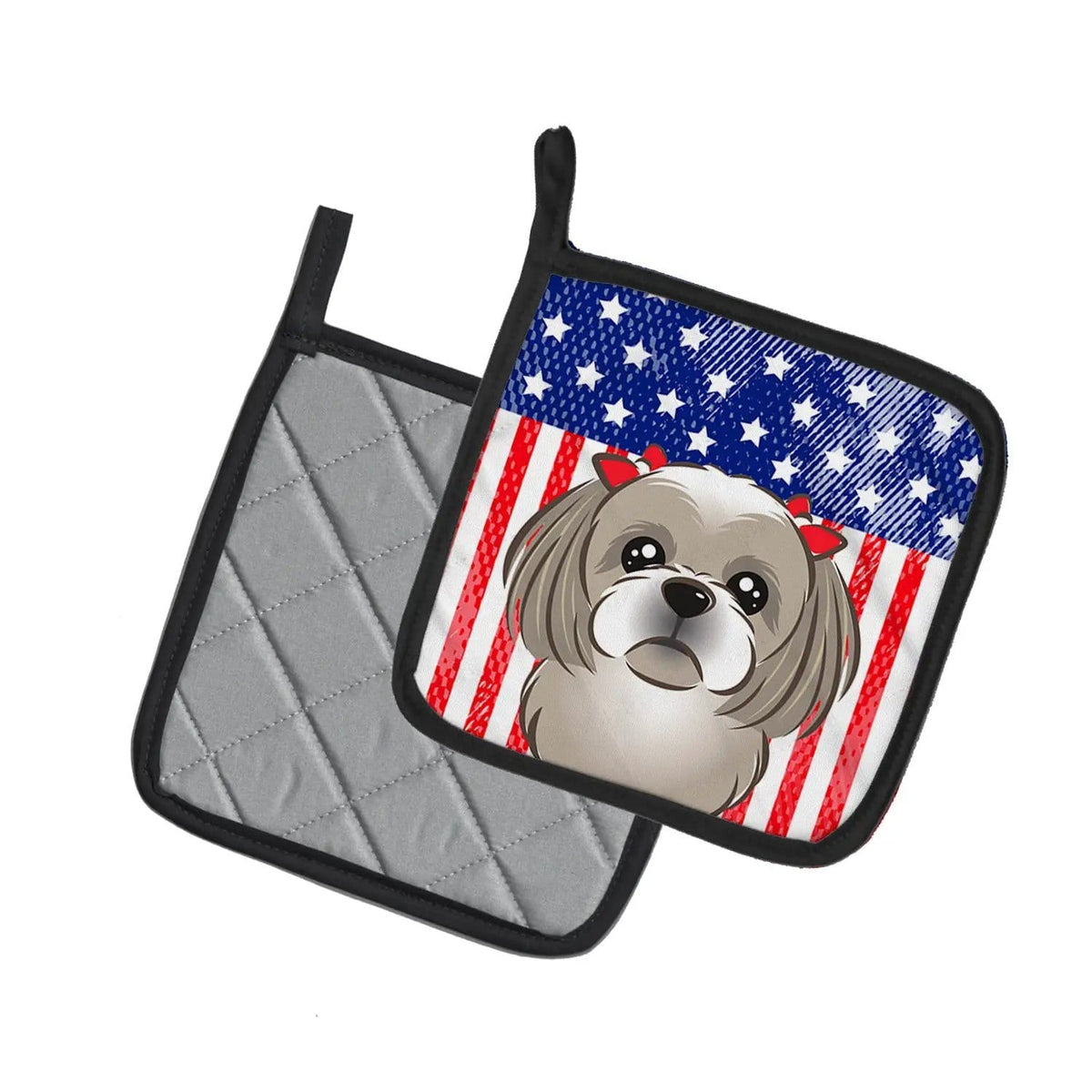 Pot Holder Set of 2 | Heat Resistant Quilted Hot Pads | 7.5 x 7.5 Inch | American Flag and Gray Silver Shih Tzu