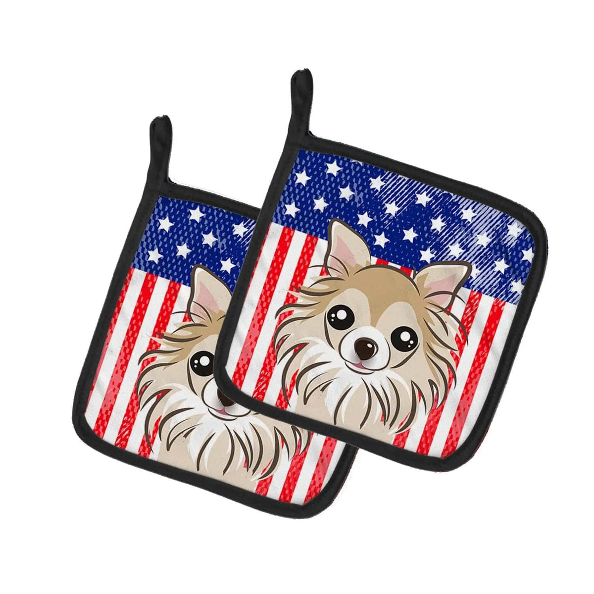 Pot Holder Set of 2 | Heat Resistant Quilted Hot Pads | 7.5 x 7.5 Inch | American Flag and Chihuahua