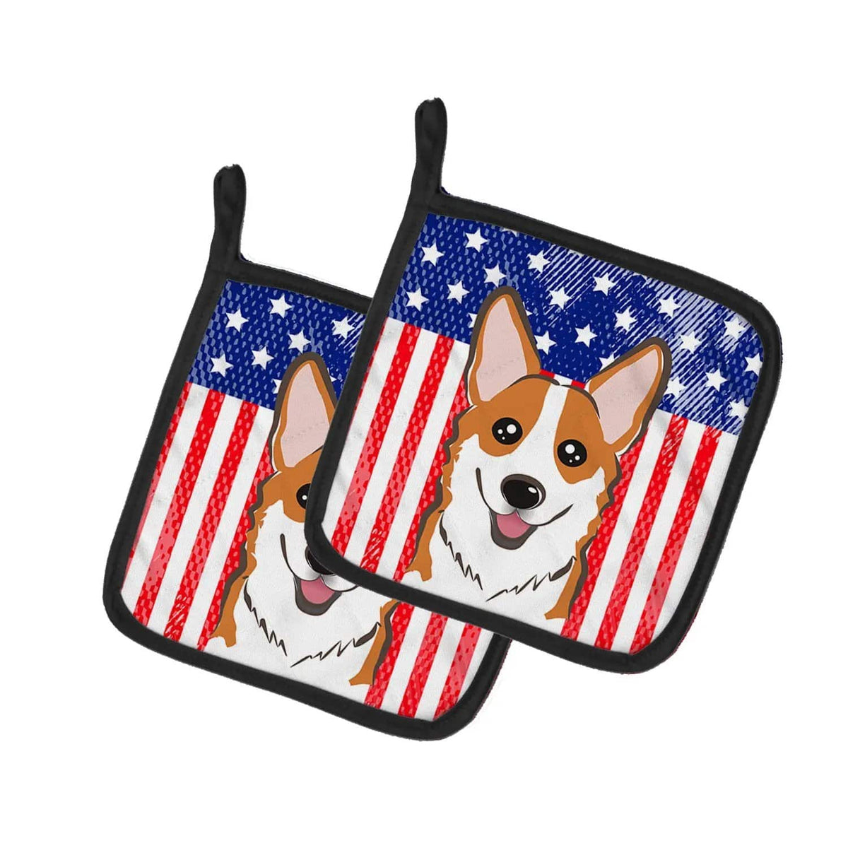 Pot Holder Set of 2 | Heat Resistant Quilted Hot Pads | 7.5 x 7.5 Inch | American Flag and Red Corgi