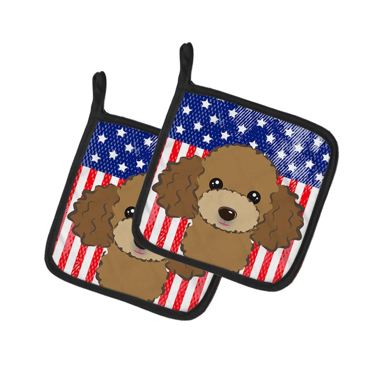 Pot Holder Set of 2 | Heat Resistant Quilted Hot Pads | 7.5 x 7.5 Inch | American Flag and Chocolate Brown Poodle