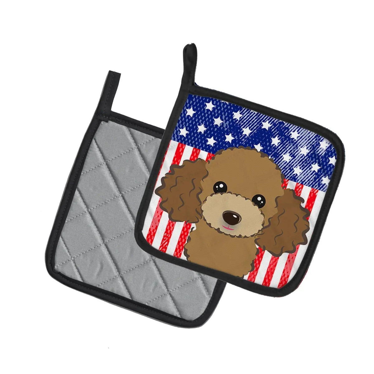 Pot Holder Set of 2 | Heat Resistant Quilted Hot Pads | 7.5 x 7.5 Inch | American Flag and Chocolate Brown Poodle