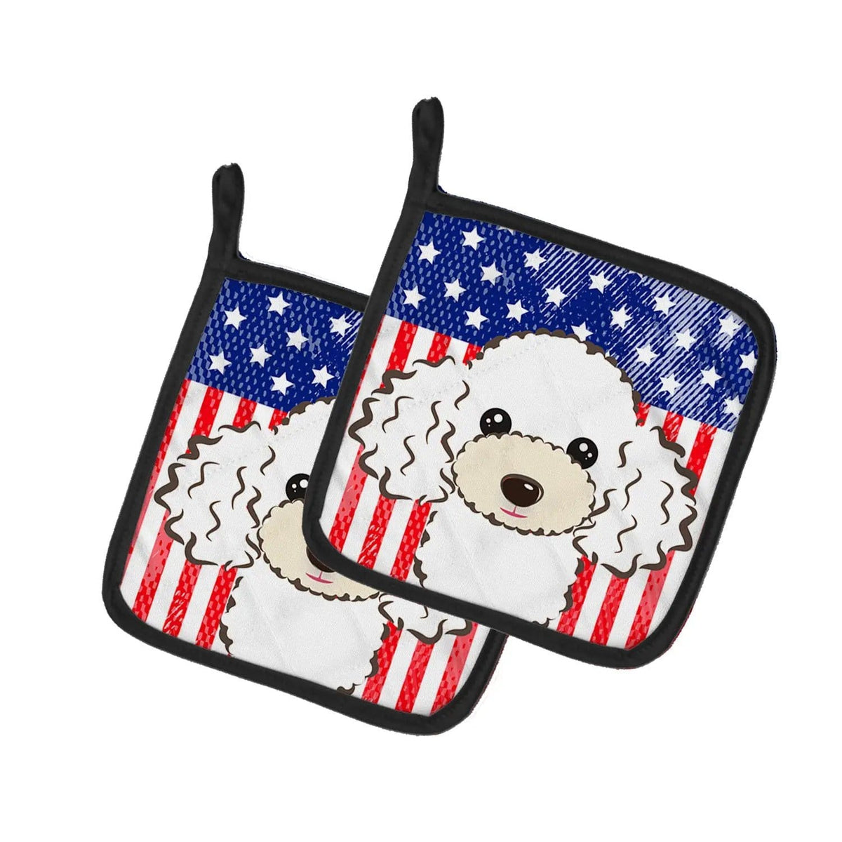 Pot Holder Set of 2 | Heat Resistant Quilted Hot Pads | 7.5 x 7.5 Inch | American Flag and White Poodle