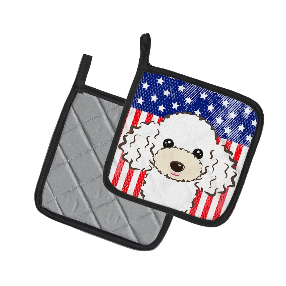 Pot Holder Set of 2 | Heat Resistant Quilted Hot Pads | 7.5 x 7.5 Inch | American Flag and White Poodle