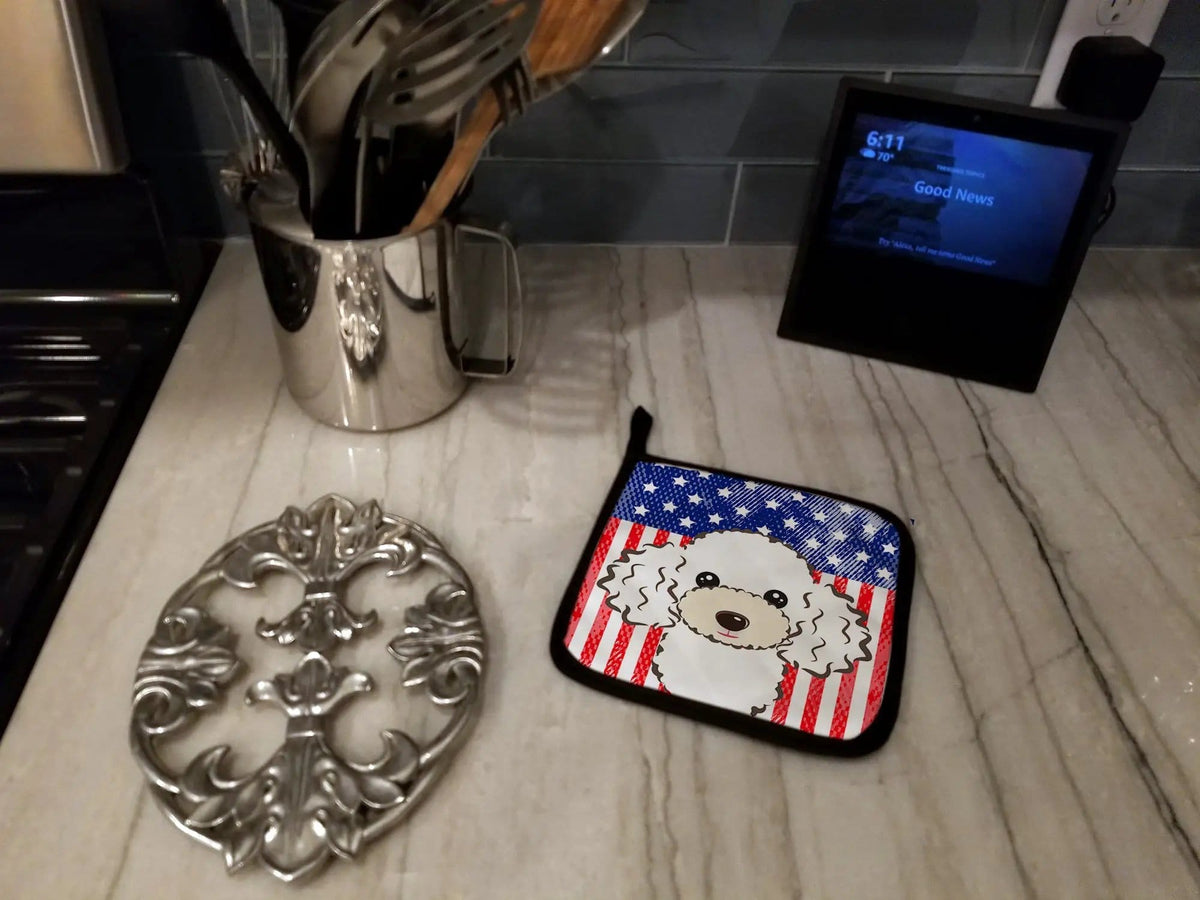 Pot Holder Set of 2 | Heat Resistant Quilted Hot Pads | 7.5 x 7.5 Inch | American Flag and White Poodle