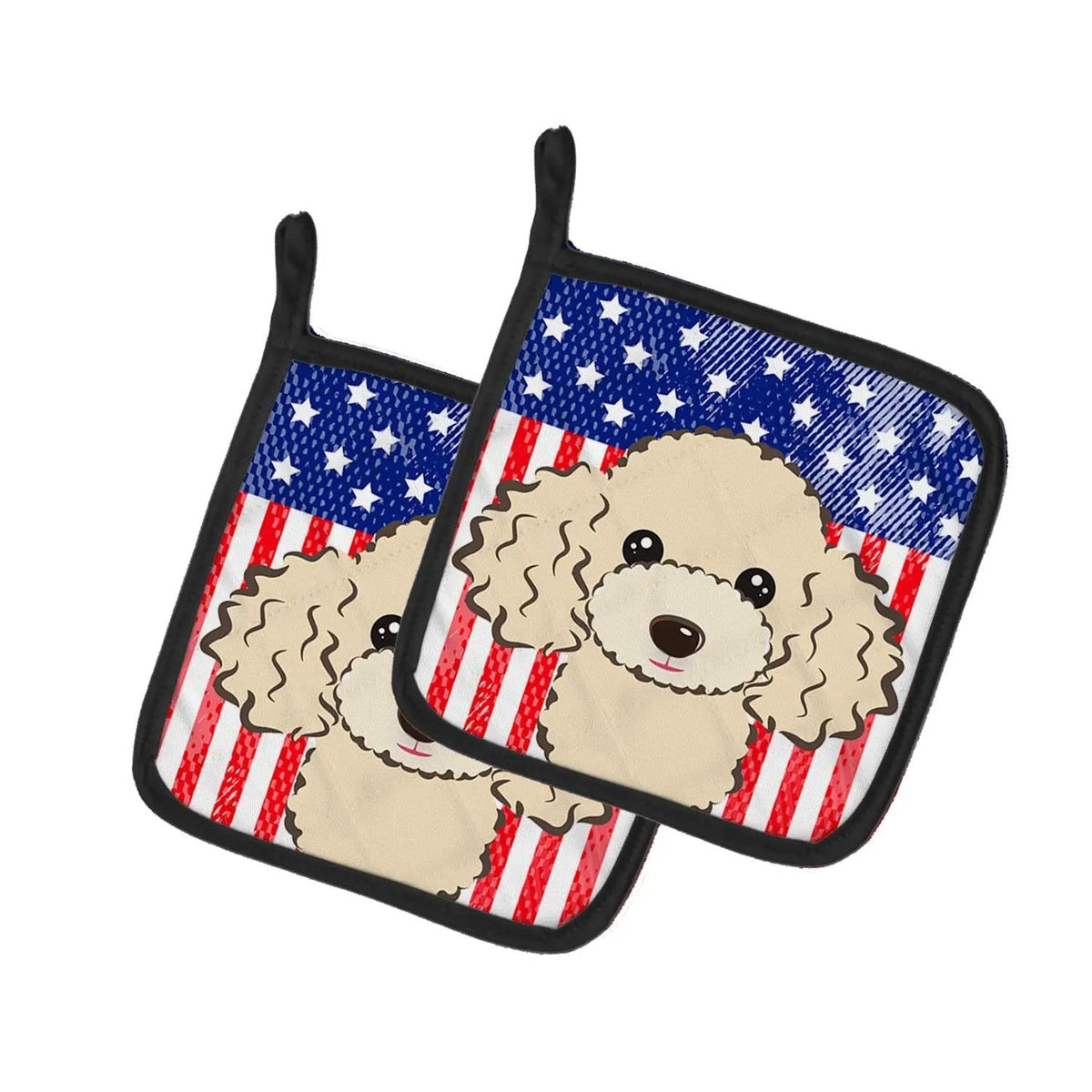 Pot Holder Set of 2 | Heat Resistant Quilted Hot Pads | 7.5 x 7.5 Inch | American Flag and Buff Poodle