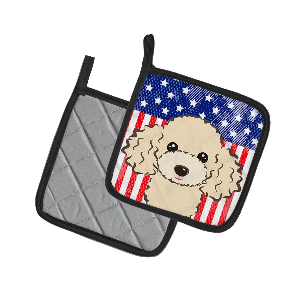 Pot Holder Set of 2 | Heat Resistant Quilted Hot Pads | 7.5 x 7.5 Inch | American Flag and Buff Poodle