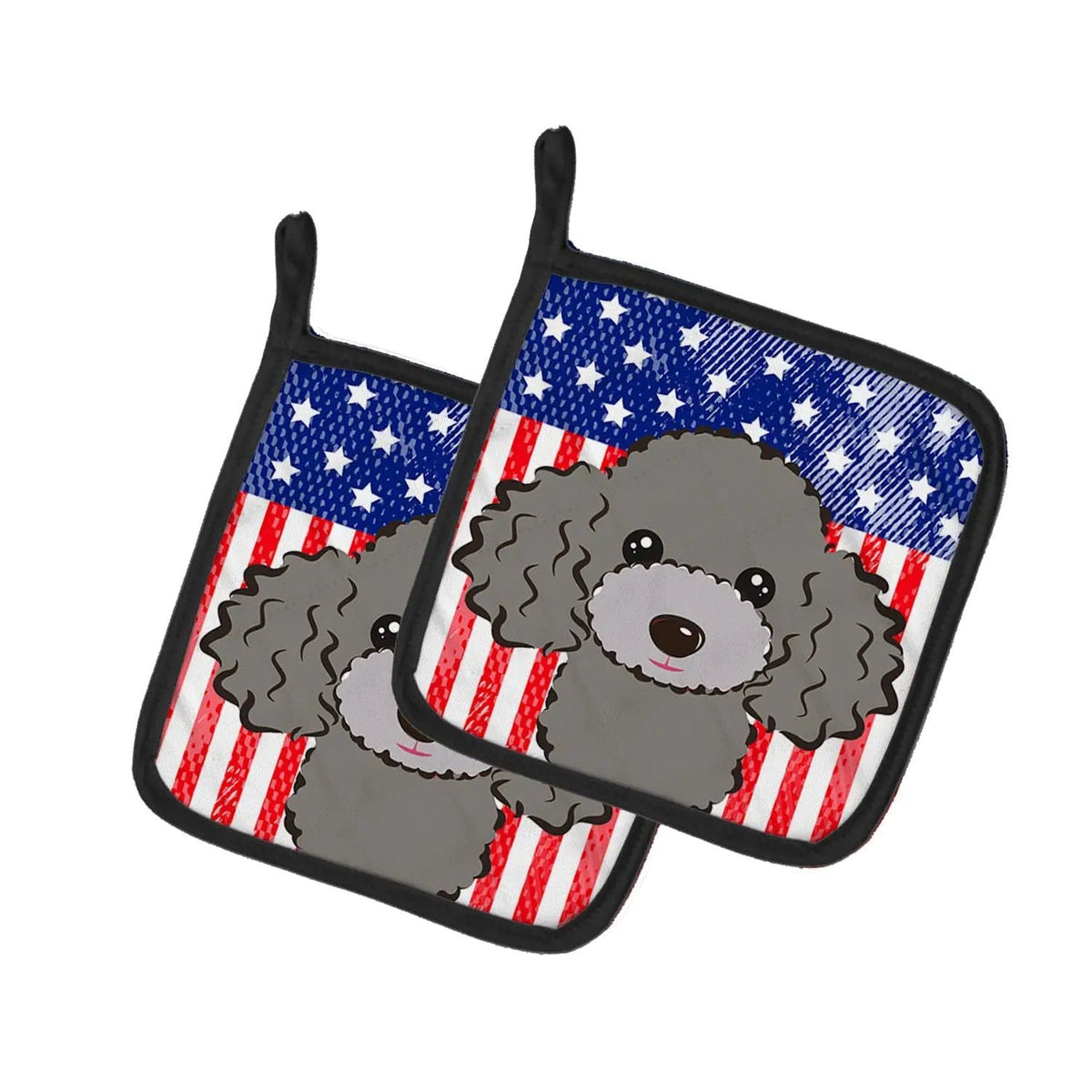 Pot Holder Set of 2 | Heat Resistant Quilted Hot Pads | 7.5 x 7.5 Inch | American Flag and Silver Gray Poodle