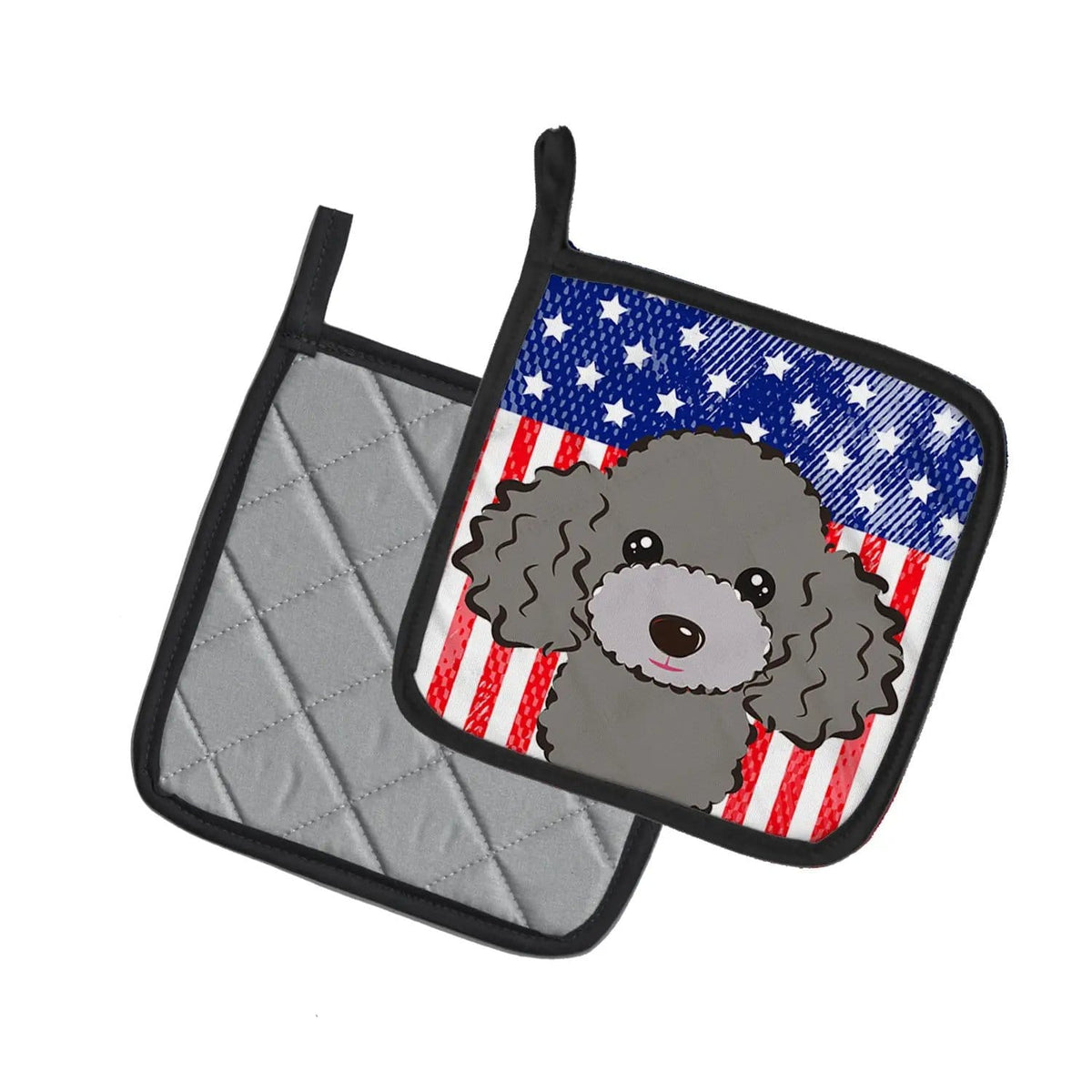 Pot Holder Set of 2 | Heat Resistant Quilted Hot Pads | 7.5 x 7.5 Inch | American Flag and Silver Gray Poodle