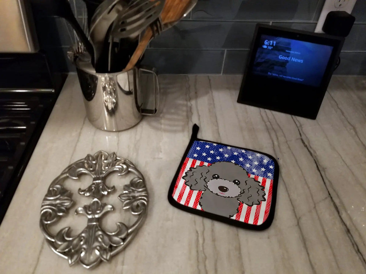 Pot Holder Set of 2 | Heat Resistant Quilted Hot Pads | 7.5 x 7.5 Inch | American Flag and Silver Gray Poodle