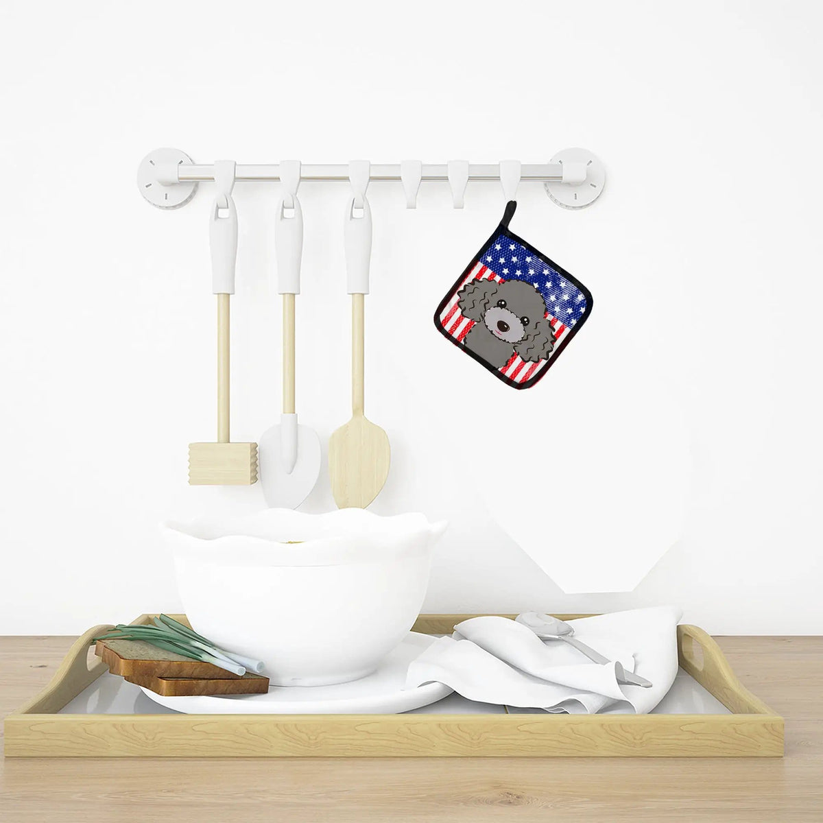Pot Holder Set of 2 | Heat Resistant Quilted Hot Pads | 7.5 x 7.5 Inch | American Flag and Silver Gray Poodle