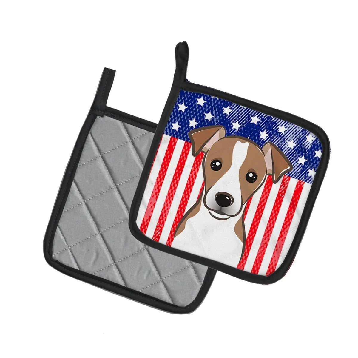 Pot Holder Set of 2 | Heat Resistant Quilted Hot Pads | 7.5 x 7.5 Inch | American Flag and Jack Russell Terrier (Style 2)
