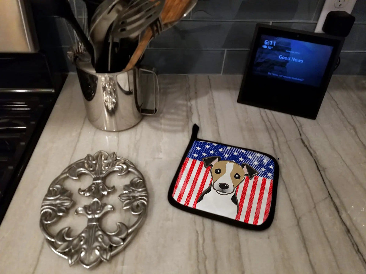 Pot Holder Set of 2 | Heat Resistant Quilted Hot Pads | 7.5 x 7.5 Inch | American Flag and Jack Russell Terrier