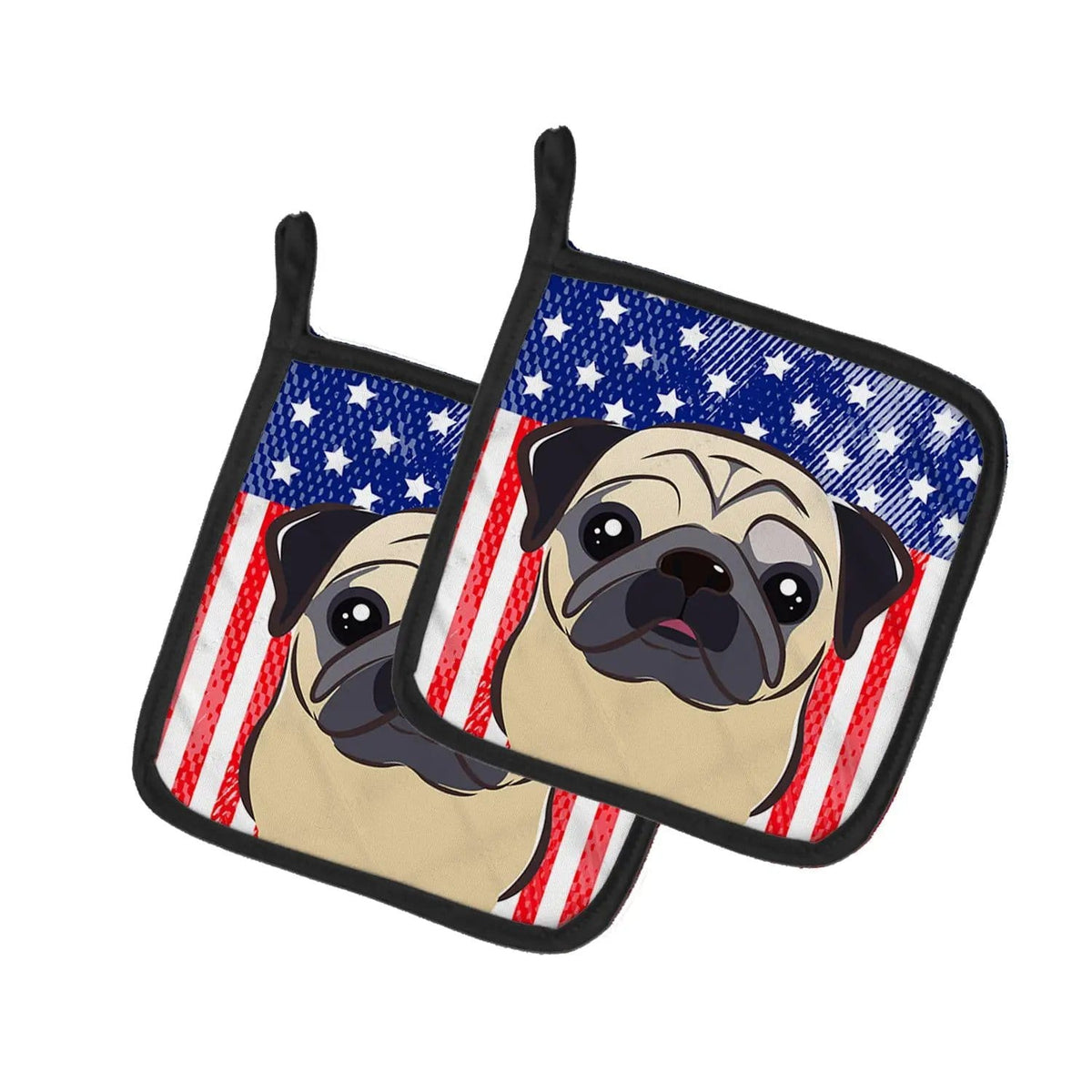Pot Holder Set of 2 | Heat Resistant Quilted Hot Pads | 7.5 x 7.5 Inch | American Flag and Fawn Pug