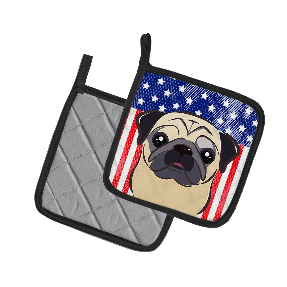 Pot Holder Set of 2 | Heat Resistant Quilted Hot Pads | 7.5 x 7.5 Inch | American Flag and Fawn Pug