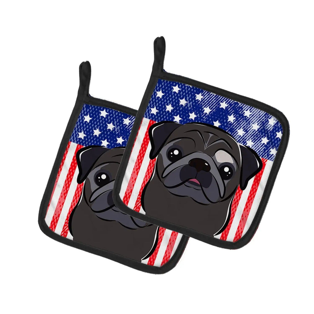 Pot Holder Set of 2 | Heat Resistant Quilted Hot Pads | 7.5 x 7.5 Inch | American Flag and Black Pug