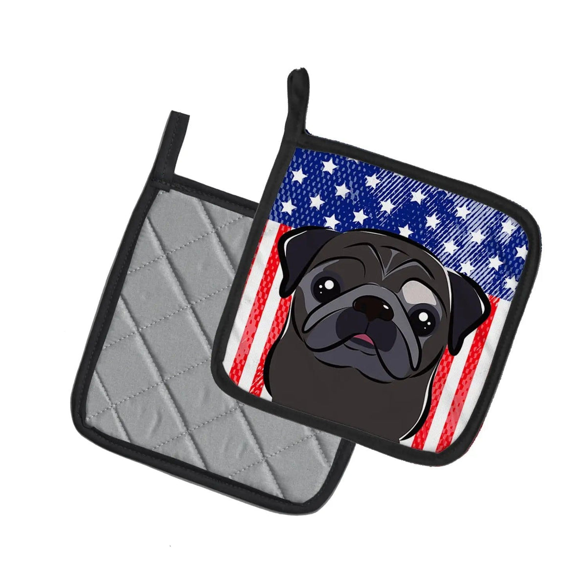Pot Holder Set of 2 | Heat Resistant Quilted Hot Pads | 7.5 x 7.5 Inch | American Flag and Black Pug