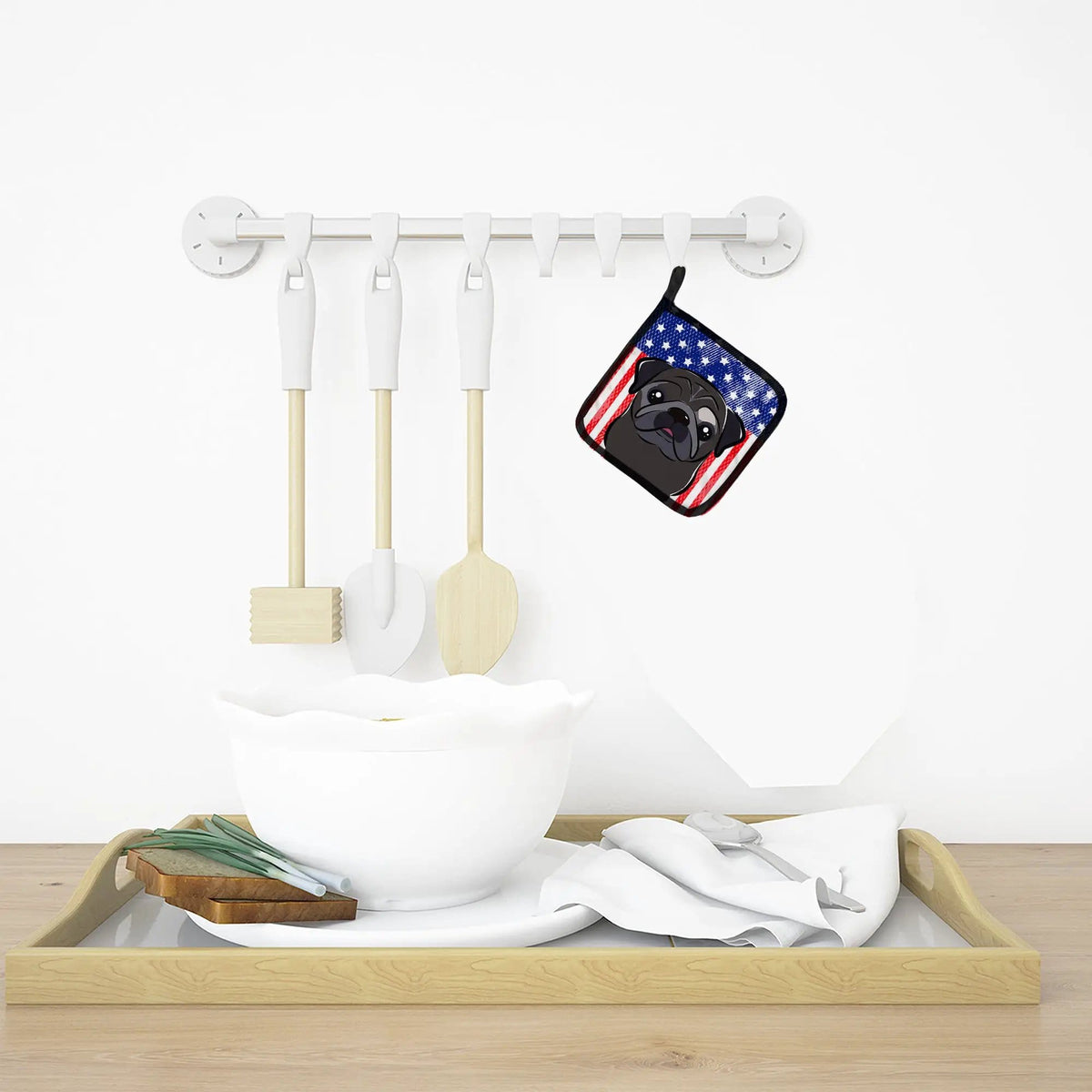 Pot Holder Set of 2 | Heat Resistant Quilted Hot Pads | 7.5 x 7.5 Inch | American Flag and Black Pug