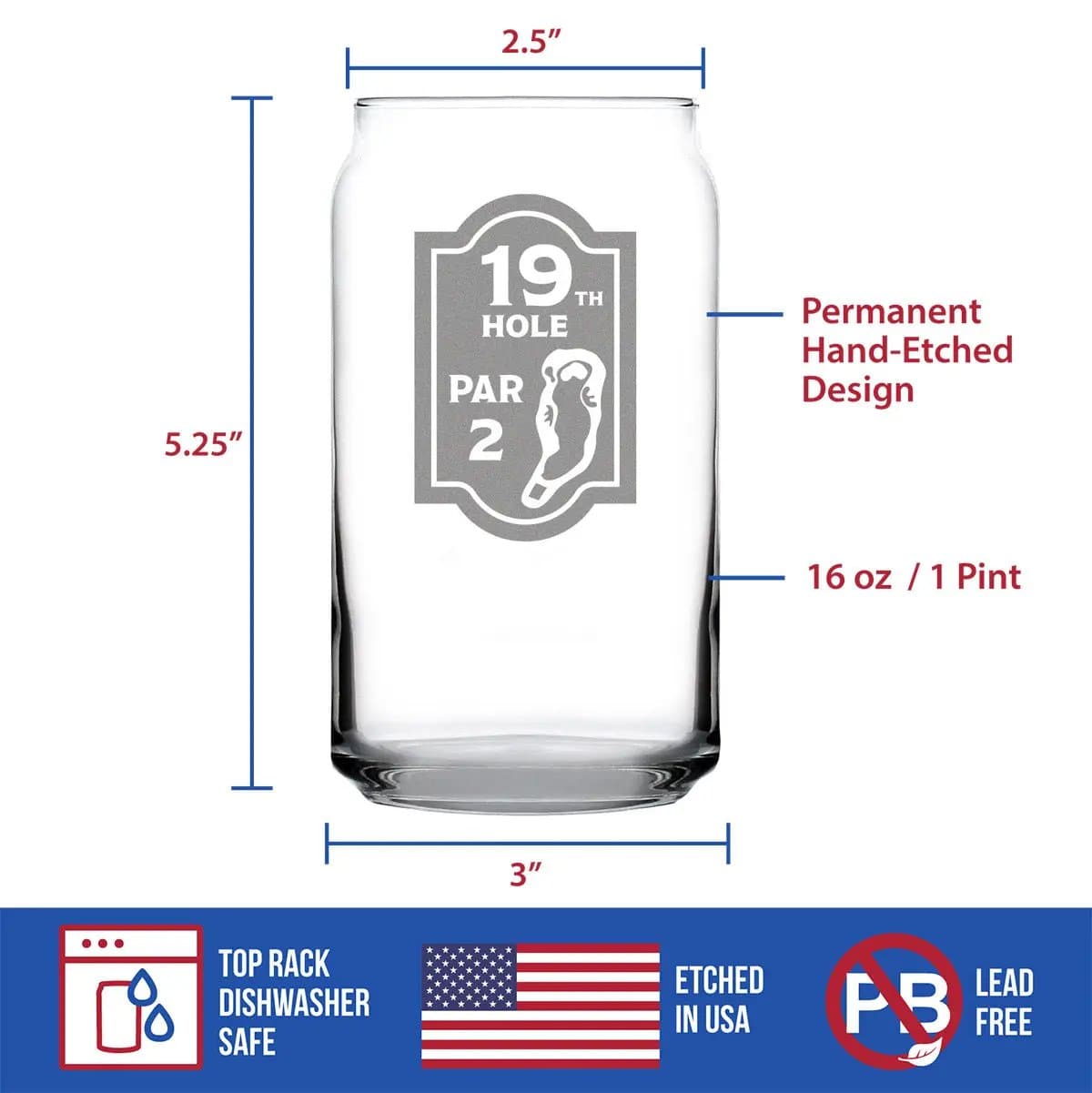 Etched Beer Can Pint Glass | 16 oz | Dishwasher Safe | 19th Hole Sign