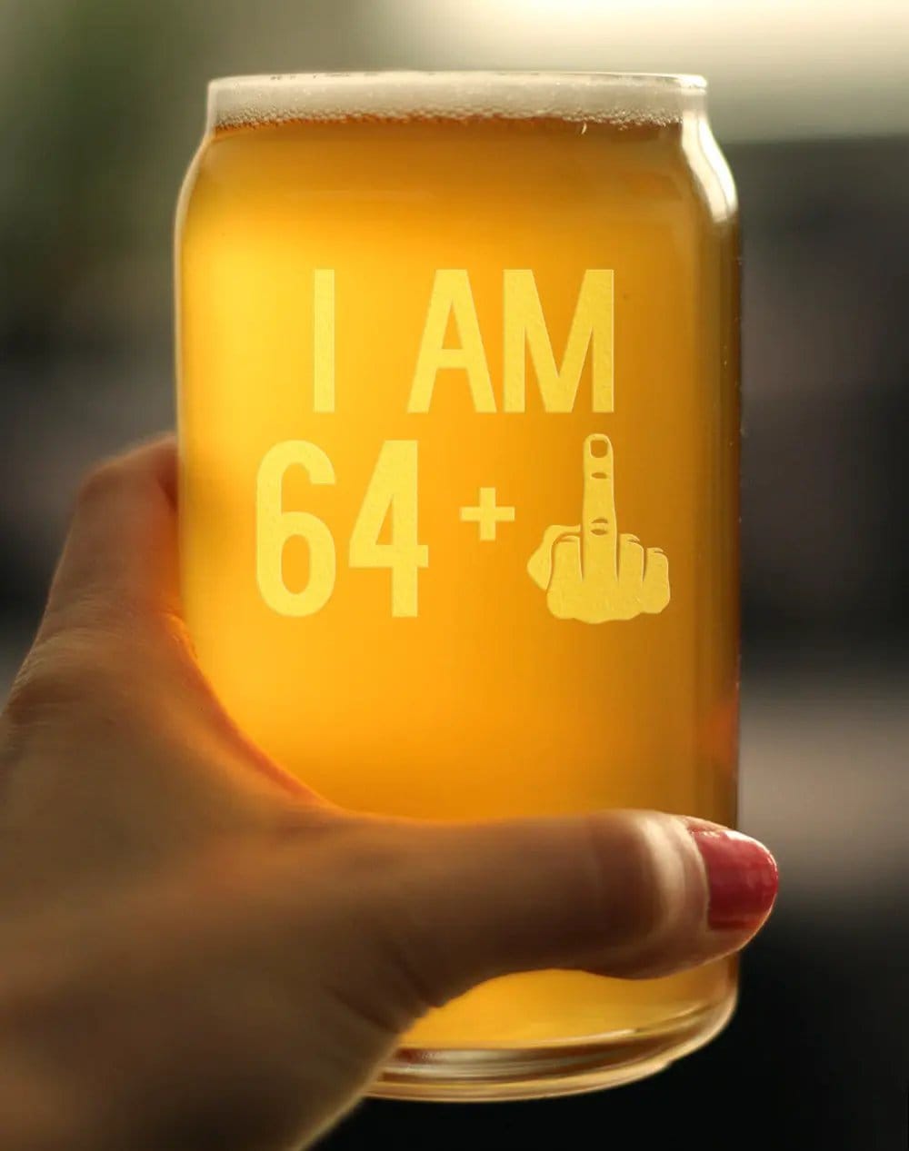 Etched Beer Can Pint Glass | 16 oz | Dishwasher Safe | 64 + 1 Middle Finger