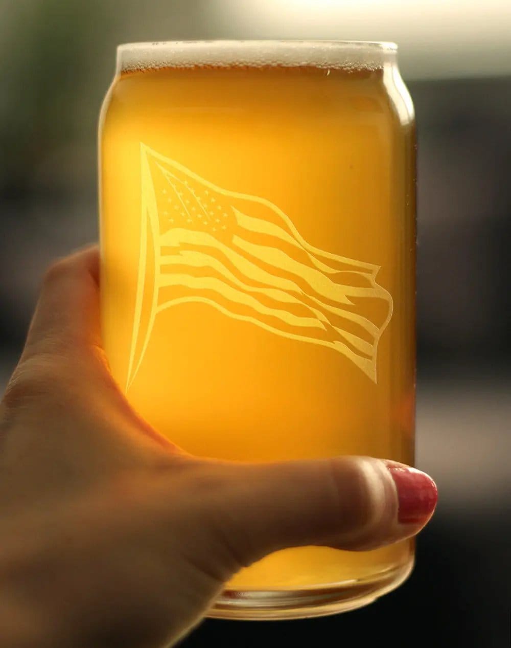 Etched Beer Can Pint Glass | 16 oz | Dishwasher Safe | American Flag