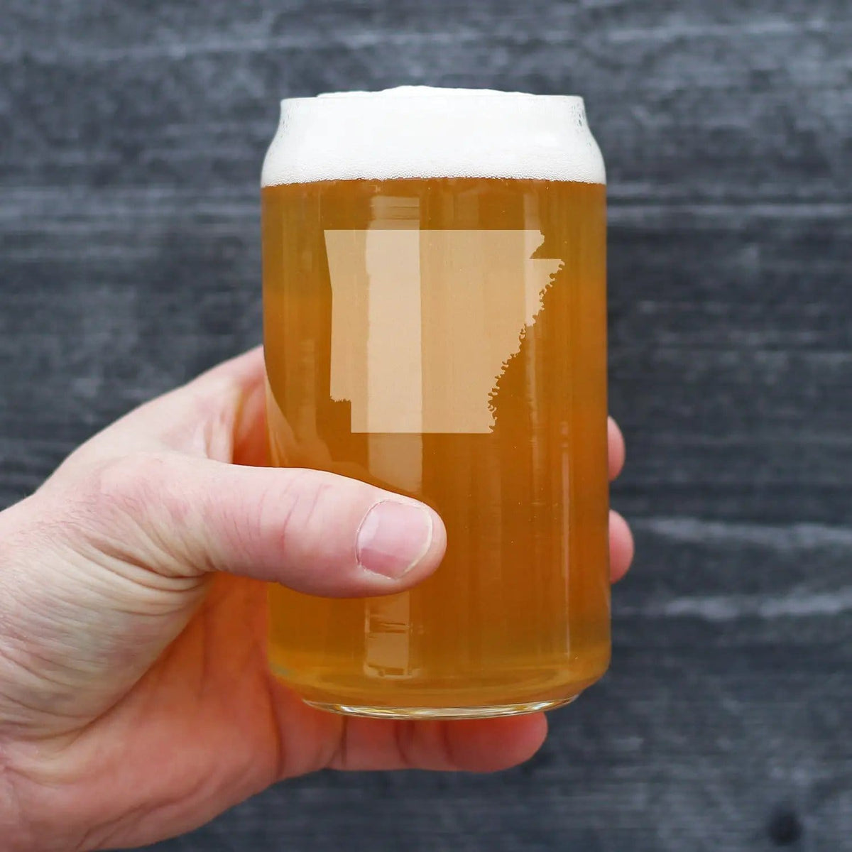 Etched Beer Can Pint Glass | 16 oz | Dishwasher Safe | Arkansas State Outline