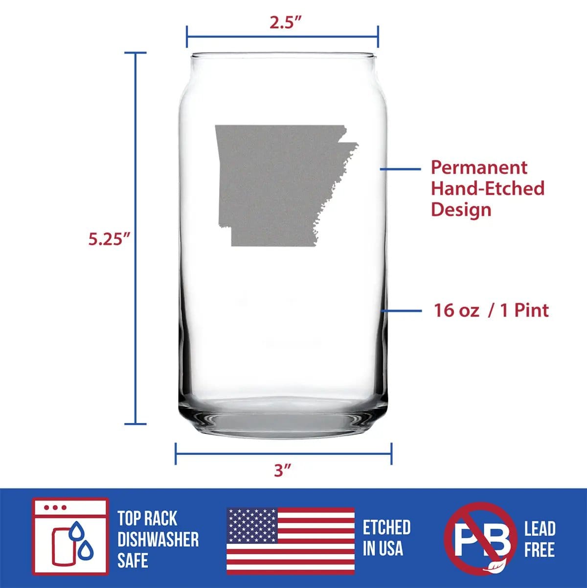 Etched Beer Can Pint Glass | 16 oz | Dishwasher Safe | Arkansas State Outline