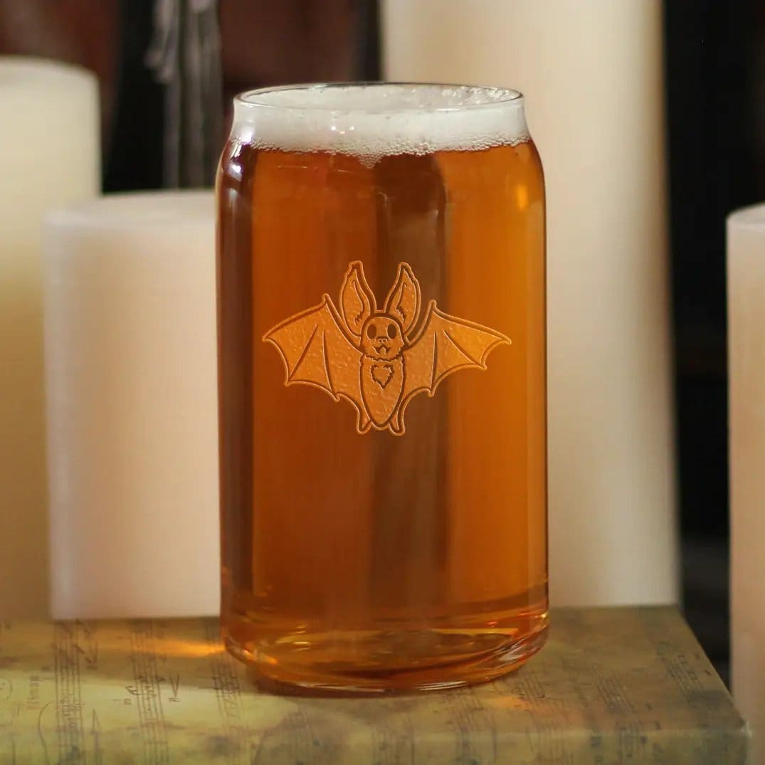 Etched Beer Can Pint Glass | 16 oz | Dishwasher Safe | Bat