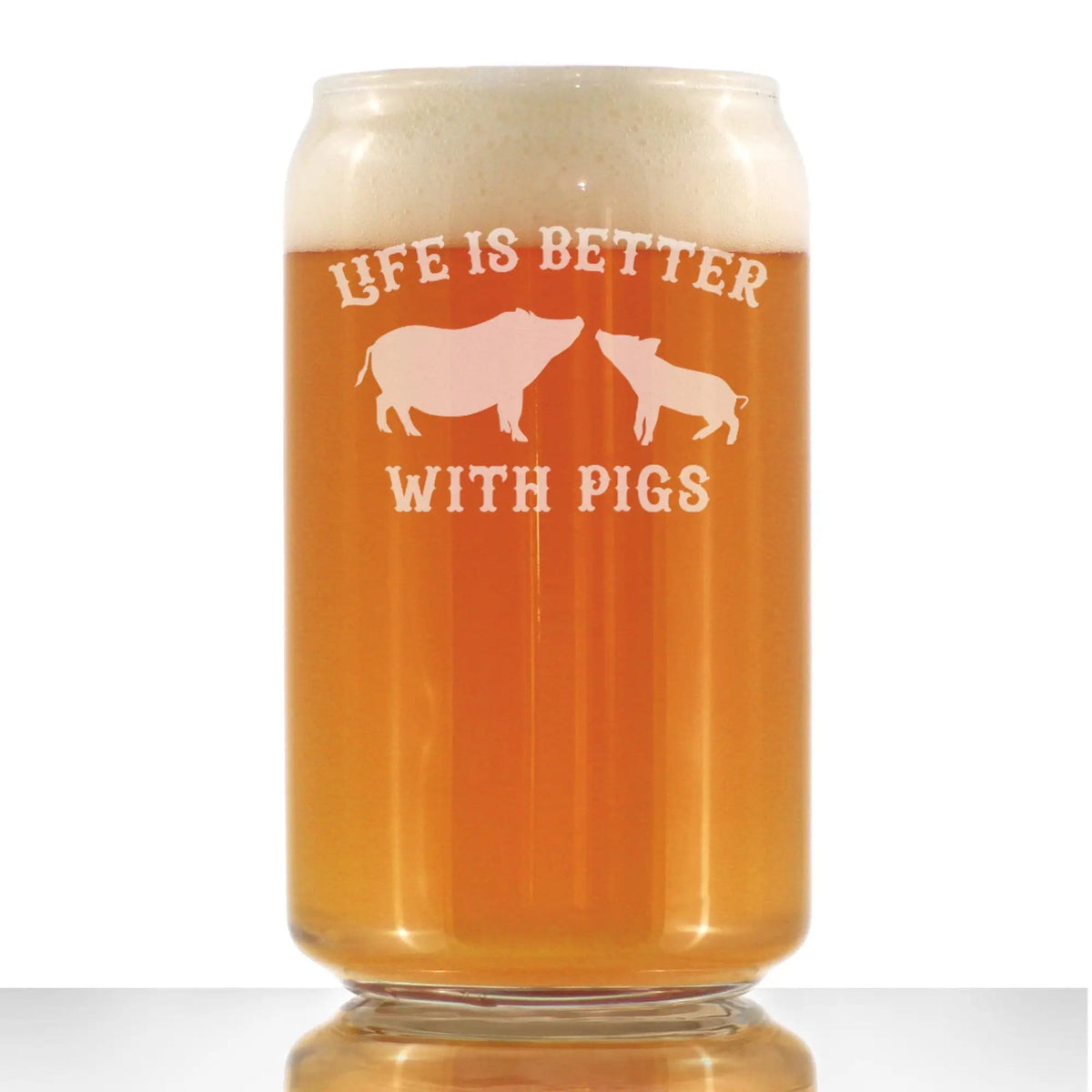 Etched Beer Can Pint Glass | 16 oz | Dishwasher Safe | Life Is Better With Pigs