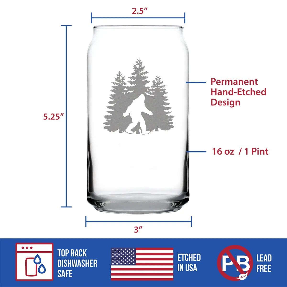 Etched Beer Can Pint Glass | 16 oz | Dishwasher Safe | Bigfoot Engraved