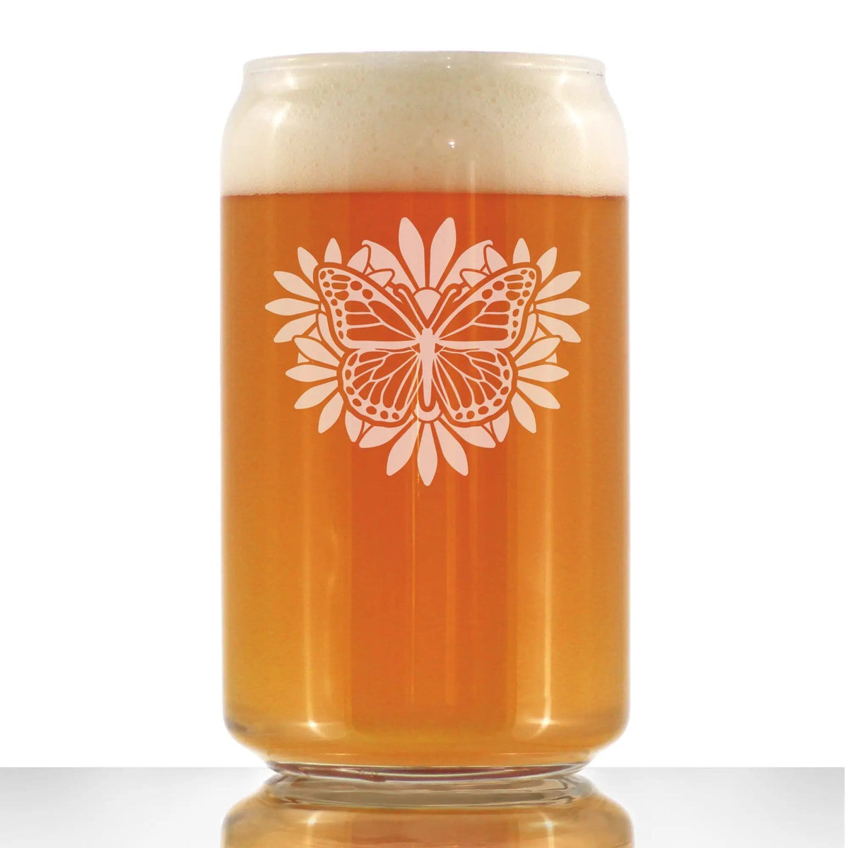 Etched Beer Can Pint Glass | 16 oz | Dishwasher Safe | Monarch Butterfly
