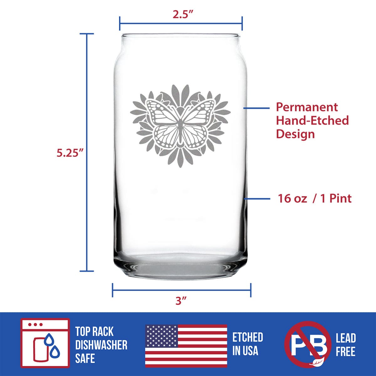 Etched Beer Can Pint Glass | 16 oz | Dishwasher Safe | Monarch Butterfly