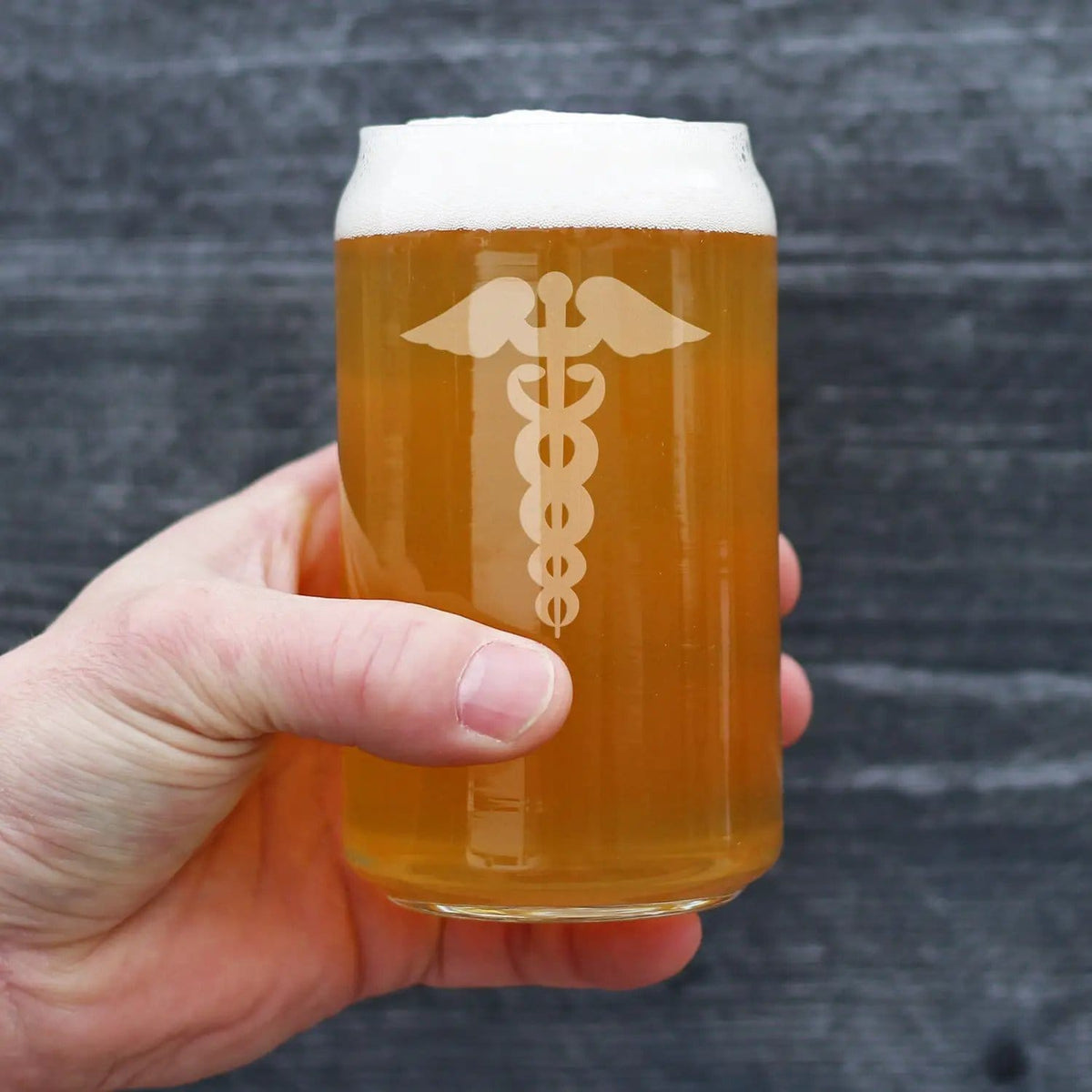 Etched Beer Can Pint Glass | 16 oz | Dishwasher Safe | Caduceus Medical Symbol