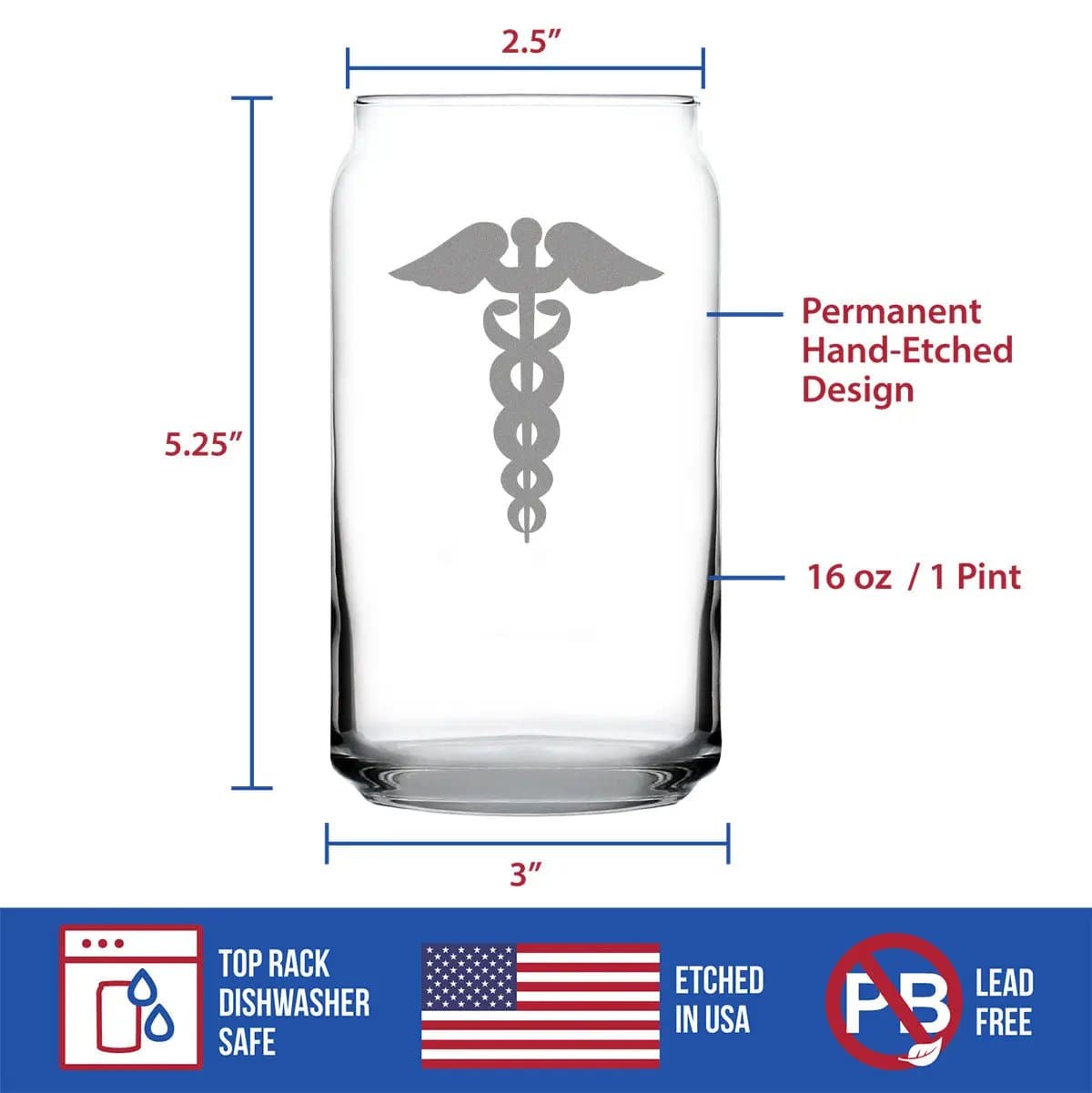 Etched Beer Can Pint Glass | 16 oz | Dishwasher Safe | Caduceus Medical Symbol