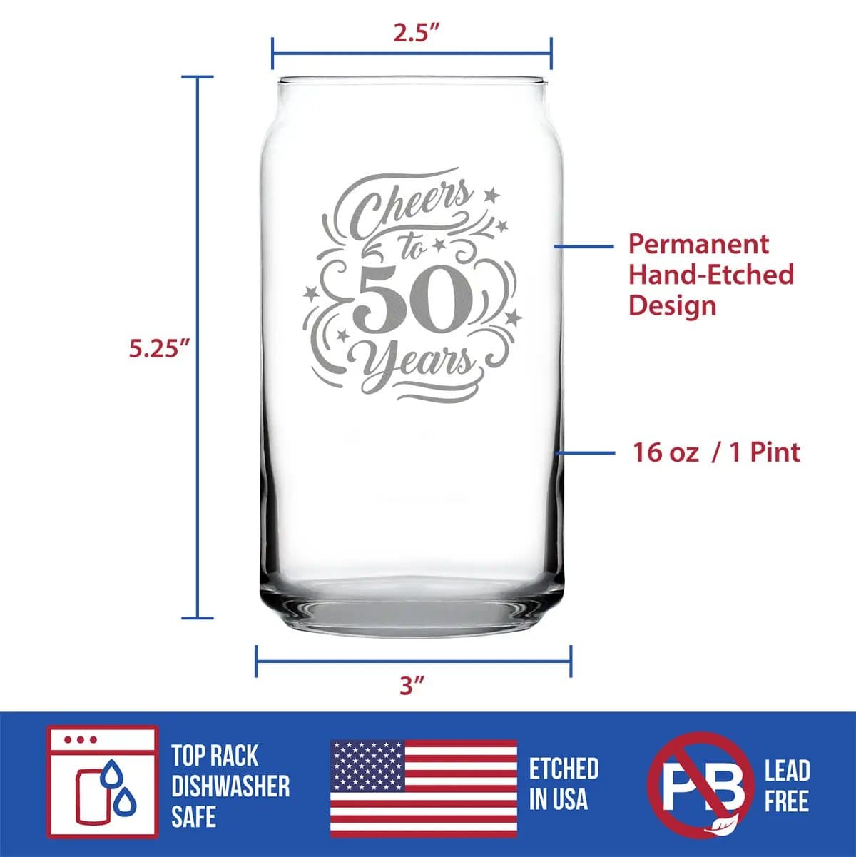 Etched Beer Can Pint Glass | 16 oz | Dishwasher Safe | Cheers to 50 Years