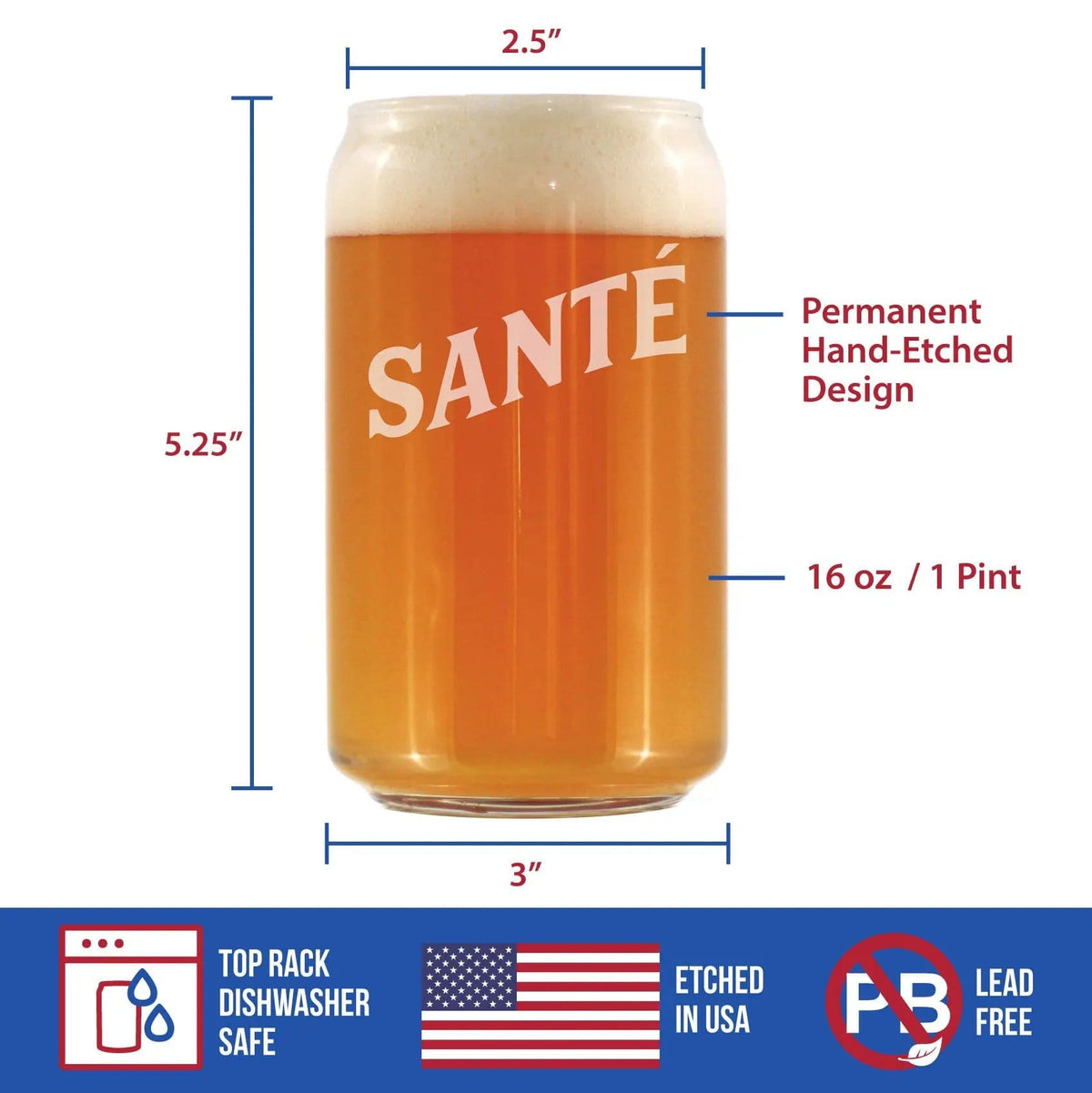 Etched Beer Can Pint Glass | 16 oz | Dishwasher Safe | Sante - French Cheers - Fun