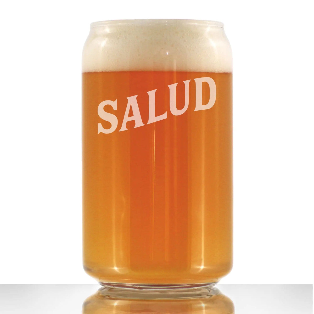 Etched Beer Can Pint Glass | 16 oz | Dishwasher Safe | Salud - Spanish Cheers