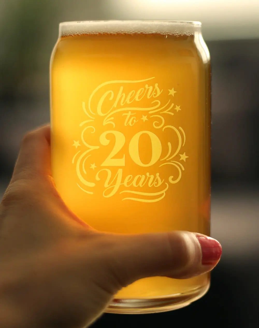 Etched Beer Can Pint Glass | 16 oz | Dishwasher Safe | Cheers to 20 Years