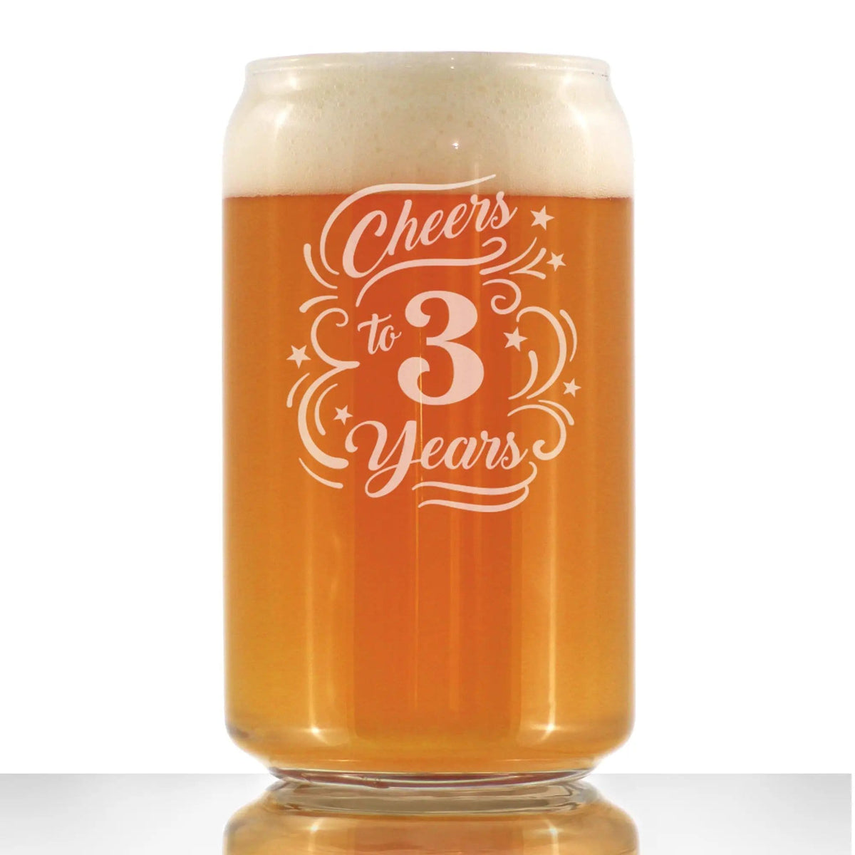Etched Beer Can Pint Glass | 16 oz | Dishwasher Safe | Cheers to 3 Years