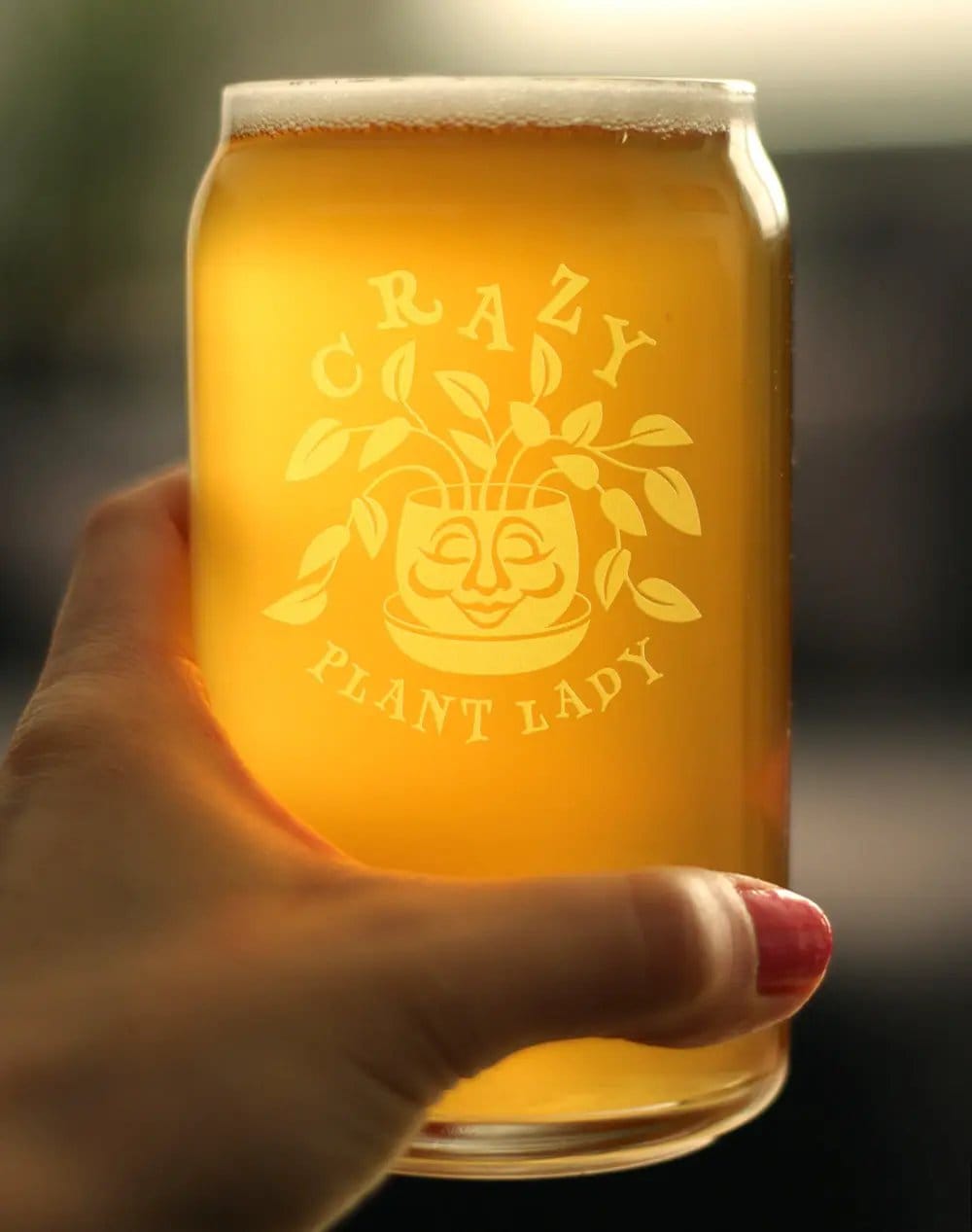 Etched Beer Can Pint Glass | 16 oz | Dishwasher Safe | Crazy Plant Lady