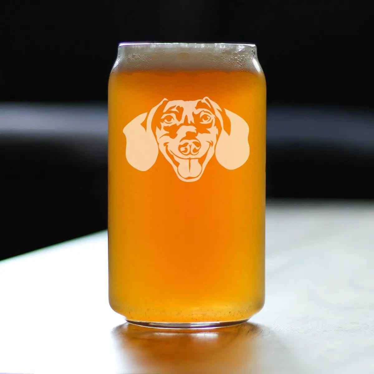 Etched Beer Can Pint Glass | 16 oz | Dishwasher Safe | Dachshund Face