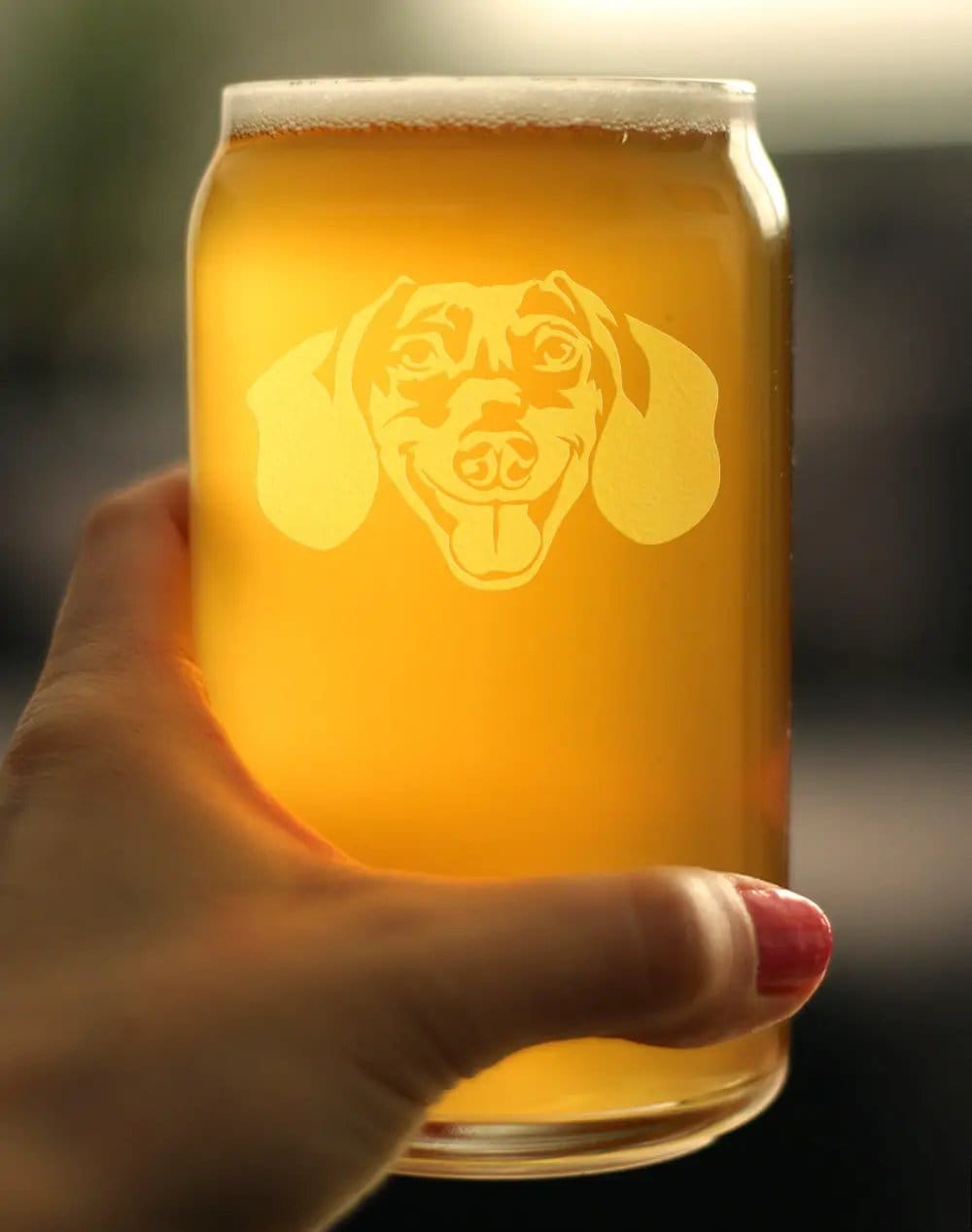 Etched Beer Can Pint Glass | 16 oz | Dishwasher Safe | Dachshund Face