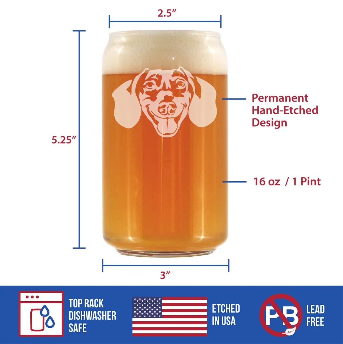 Etched Beer Can Pint Glass | 16 oz | Dishwasher Safe | Dachshund Face