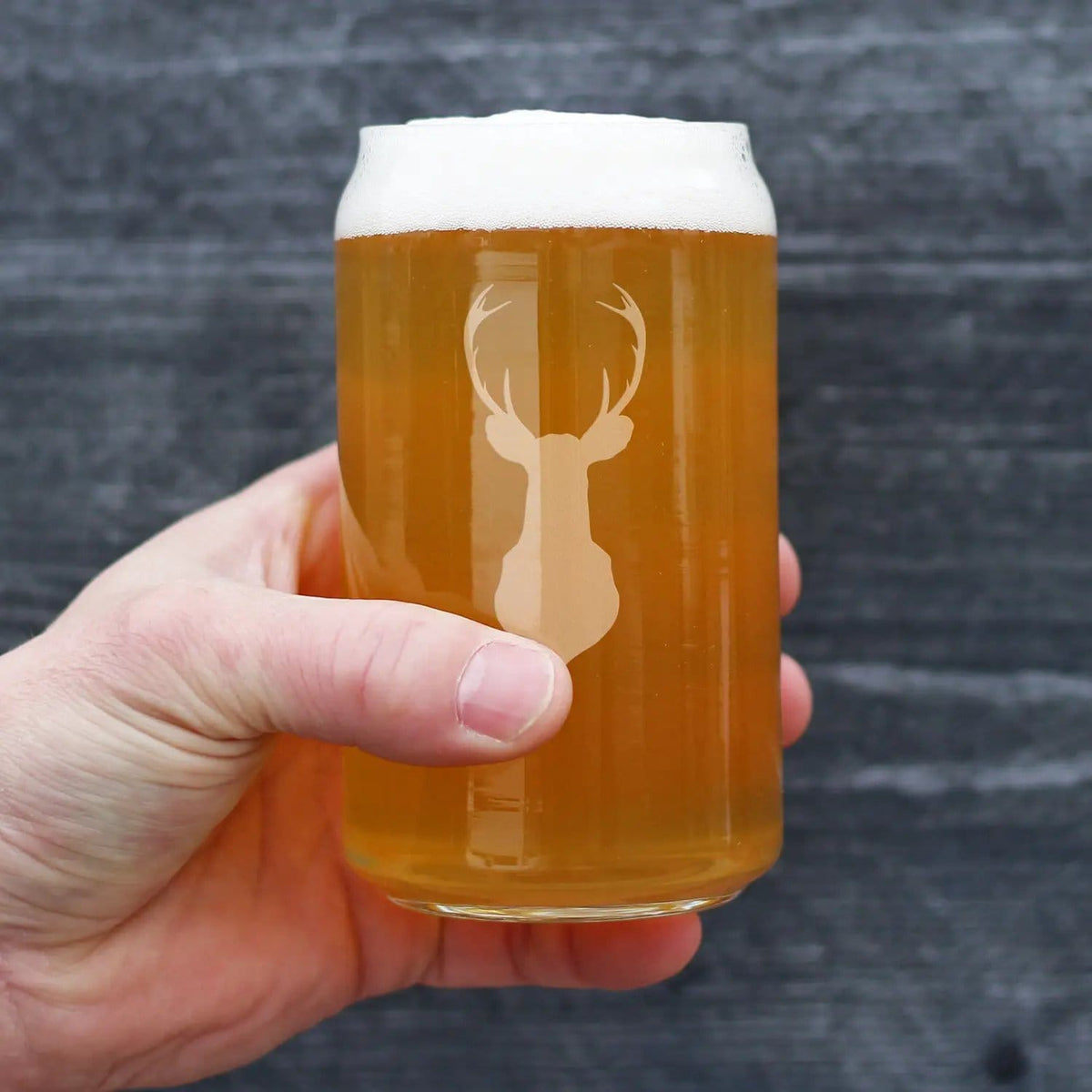 Etched Beer Can Pint Glass | 16 oz | Dishwasher Safe | Deer Head