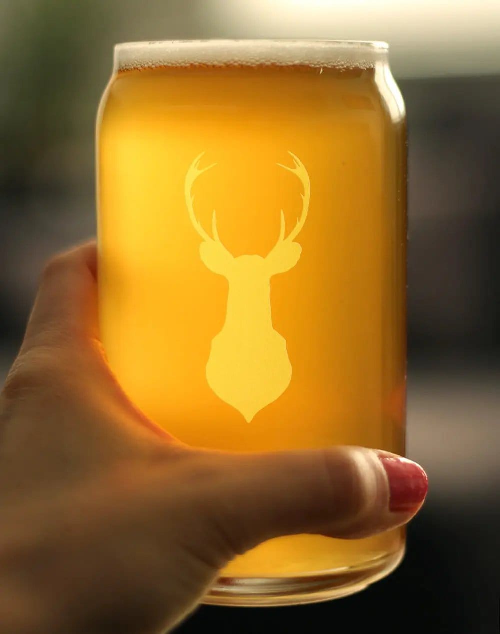 Etched Beer Can Pint Glass | 16 oz | Dishwasher Safe | Deer Head