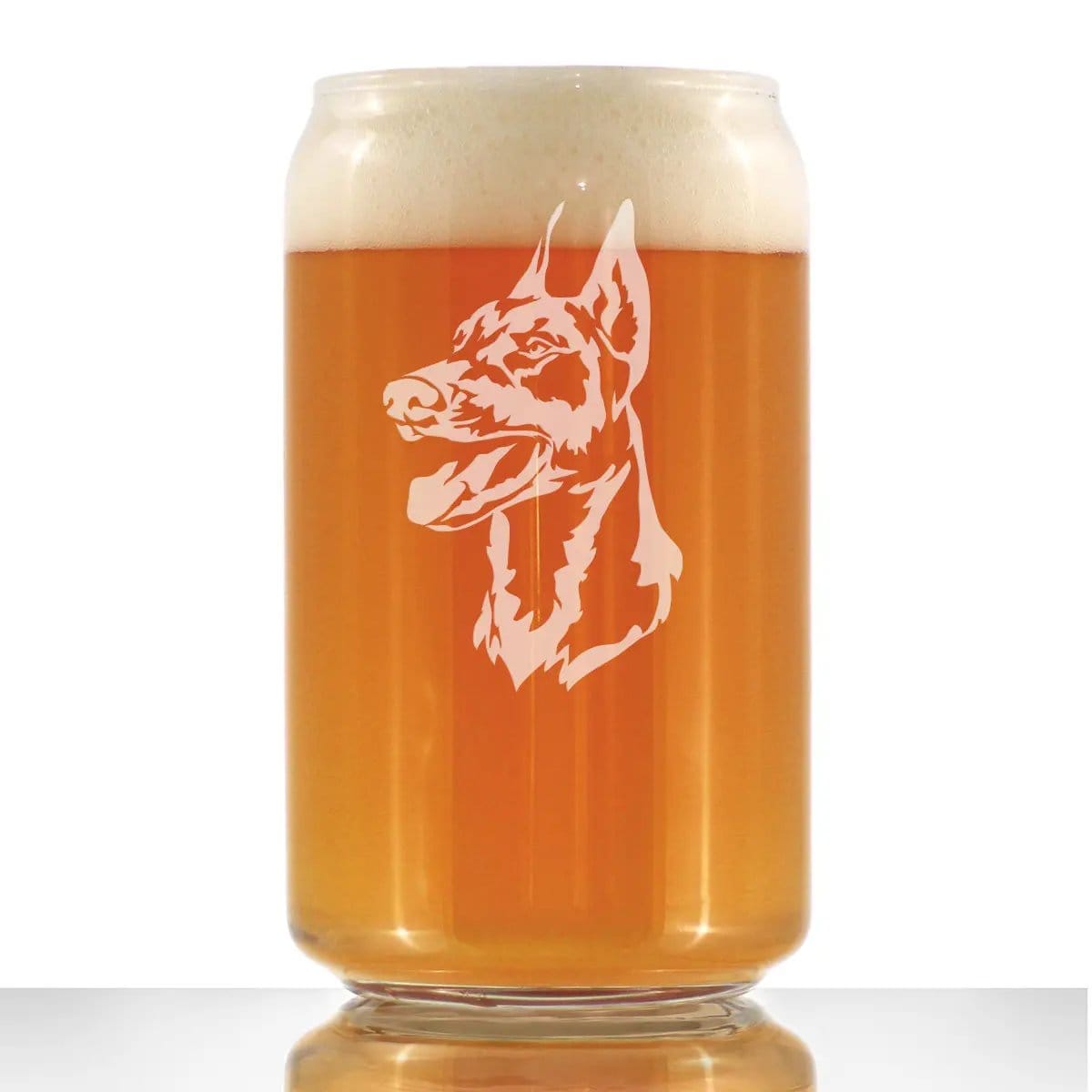 Etched Beer Can Pint Glass | 16 oz | Dishwasher Safe | Doberman Face