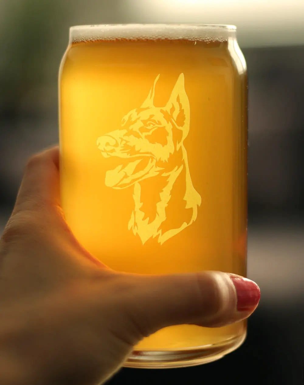 Etched Beer Can Pint Glass | 16 oz | Dishwasher Safe | Doberman Face