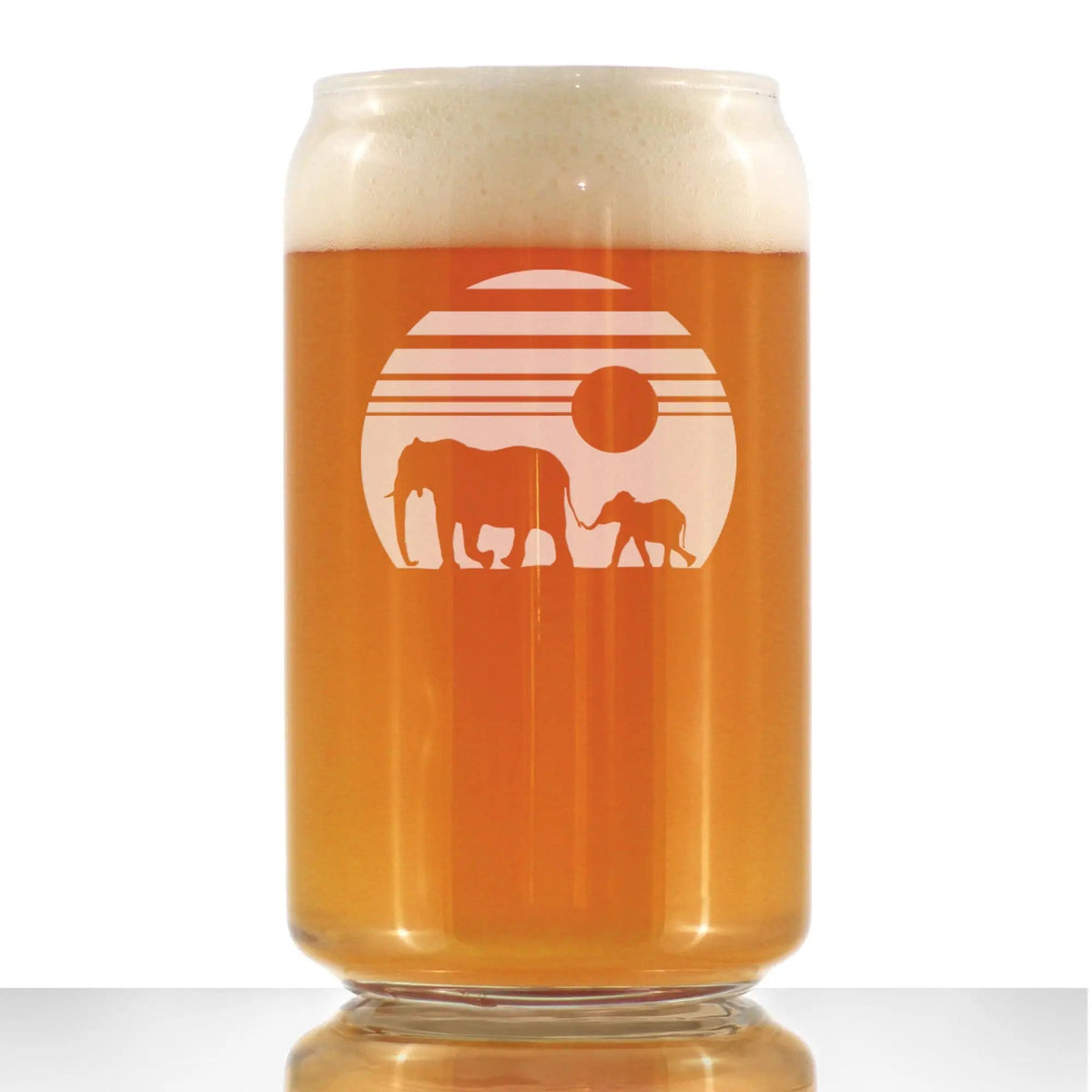Etched Beer Can Pint Glass | 16 oz | Dishwasher Safe | Elephant Sunset