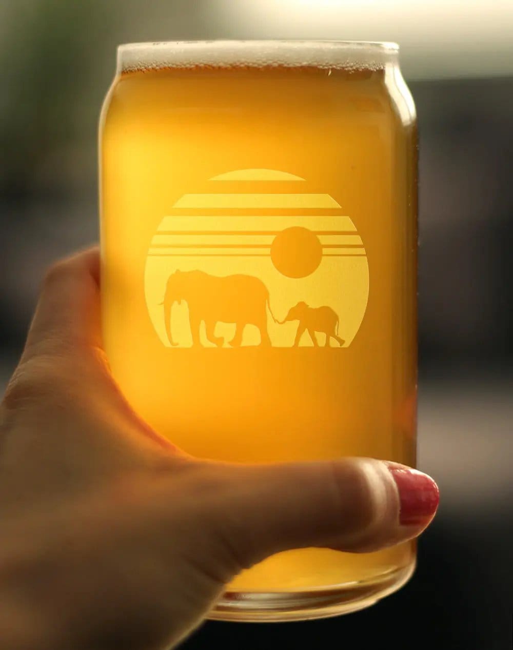 Etched Beer Can Pint Glass | 16 oz | Dishwasher Safe | Elephant Sunset