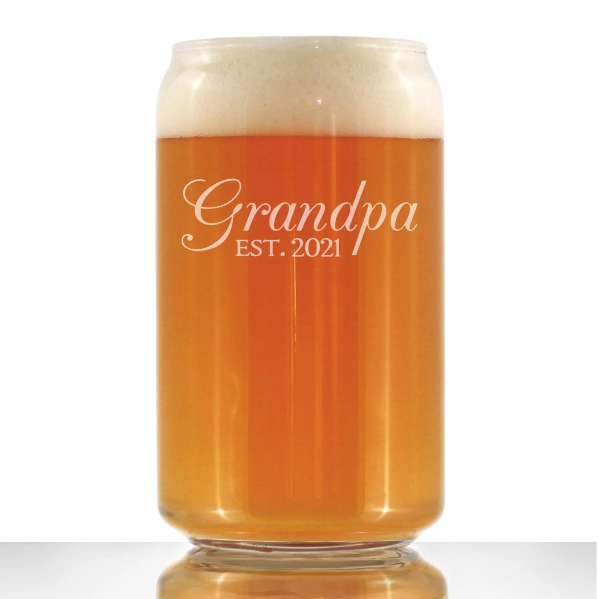 Etched Beer Can Pint Glass | 16 oz | Dishwasher Safe | Grandpa Est 2021 - New Grandfather (Style 2)