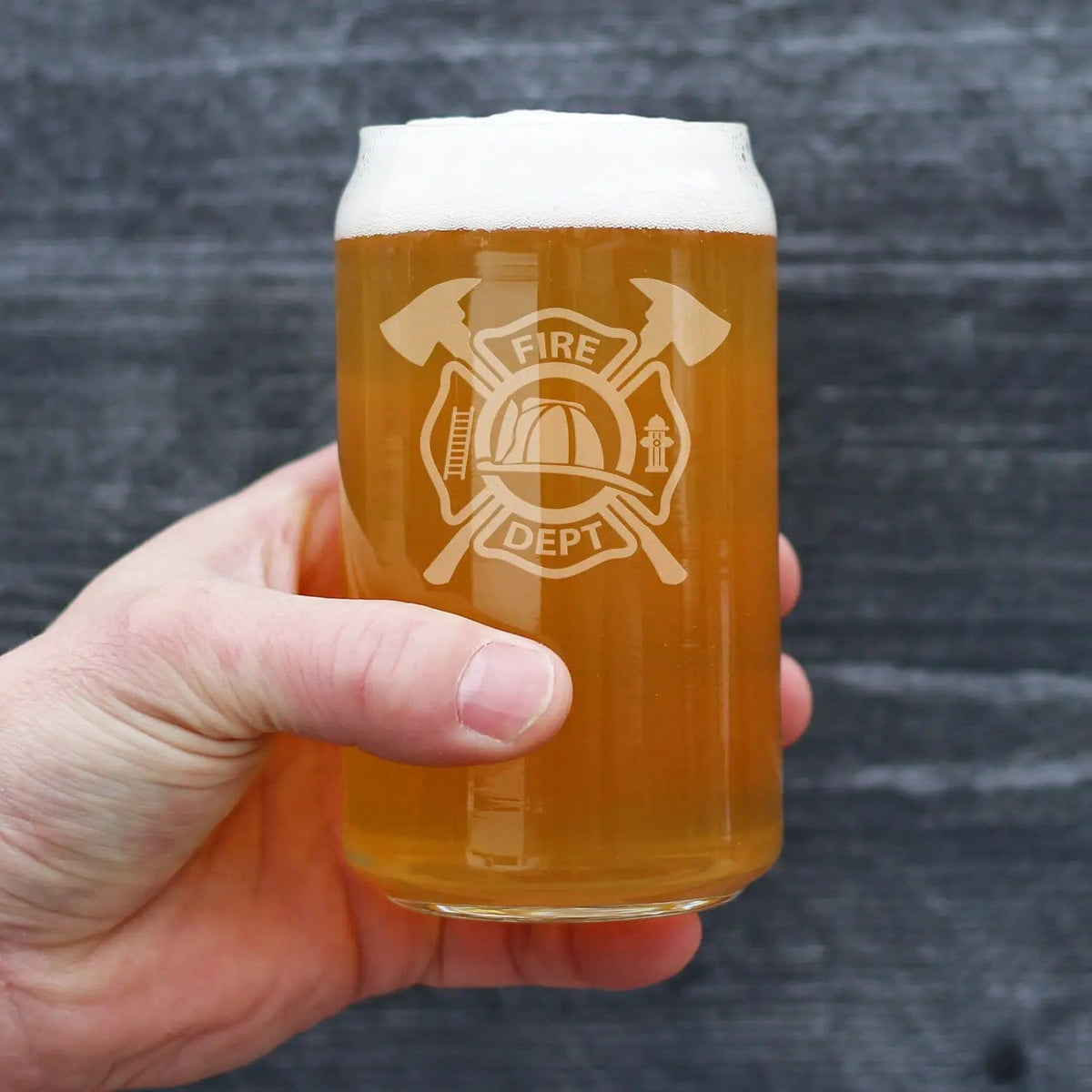 Etched Beer Can Pint Glass | 16 oz | Dishwasher Safe | Firefighter Symbol Engraved